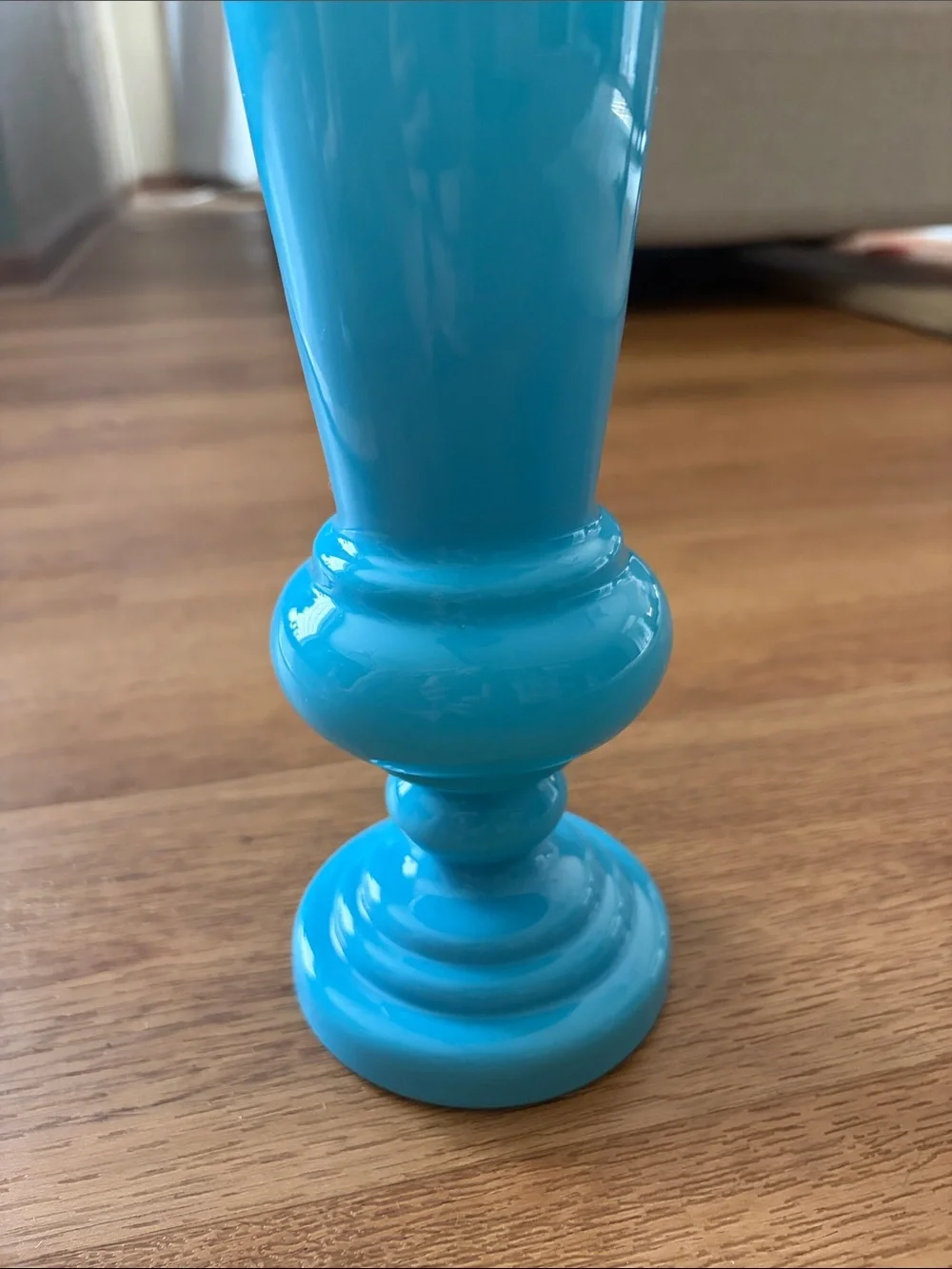 Vintage Hand-Finished Blue Opaline Milk Glass Pedestal Bud Vase Scalloped Rim
